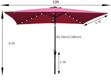 10 x 6.5t Rectangular Patio Solar LED Lighted Outdoor Umbrella with Crank and Push Button Tilt for Garden Backyard Pool Swimming Pool Burgundy (Option: as picture)
