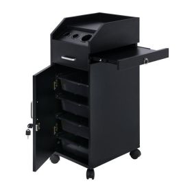 16mm Particle Board, ABS Tray, Wooden Door With Three Air Ducts And Four Drawers, Black Hair Salon Tool Cart (Color: Black)