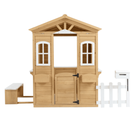 Wooden Playhouse For Kids Outdoor With Working Door, Windows, Mailbox, Bench, Flowers Pot Holder, 39X 38 X 55.5 (Option: Natural)