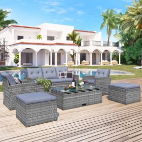 6-piece All-Weather Wicker PE rattan Patio Outdoor Dining Conversation Sectional Set with coffee table, wicker sofas, ottomans, removable cushion (Color: GRAY)