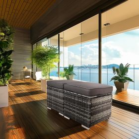 2 Wicker Ottomans, Multipurpose Outdoor Furniture for Patio, Backyard, Additional Seating, Footrest, Side Table w/Storage, Removable Cushions (Main Material: Rattan, Main Color: Grey)