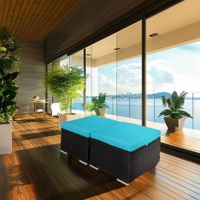 2 Wicker Ottomans, Multipurpose Outdoor Furniture for Patio, Backyard, Additional Seating, Footrest, Side Table w/Storage, Removable Cushions (Main Material: Rattan, Main Color: Black+Blue)
