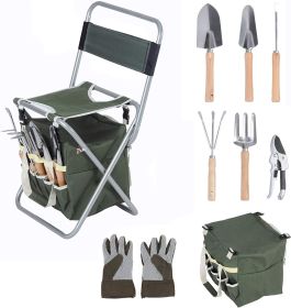 9 PCS Garden Tools Set Ergonomic Wooden Handle Sturdy Stool with Detachable Tool Kit Perfect for Different Kinds of Gardening (Option: as picture)